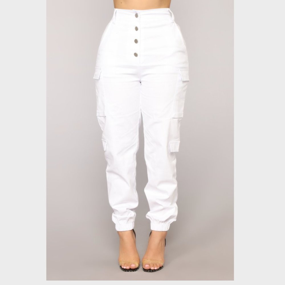 White fashion nova cargo pants